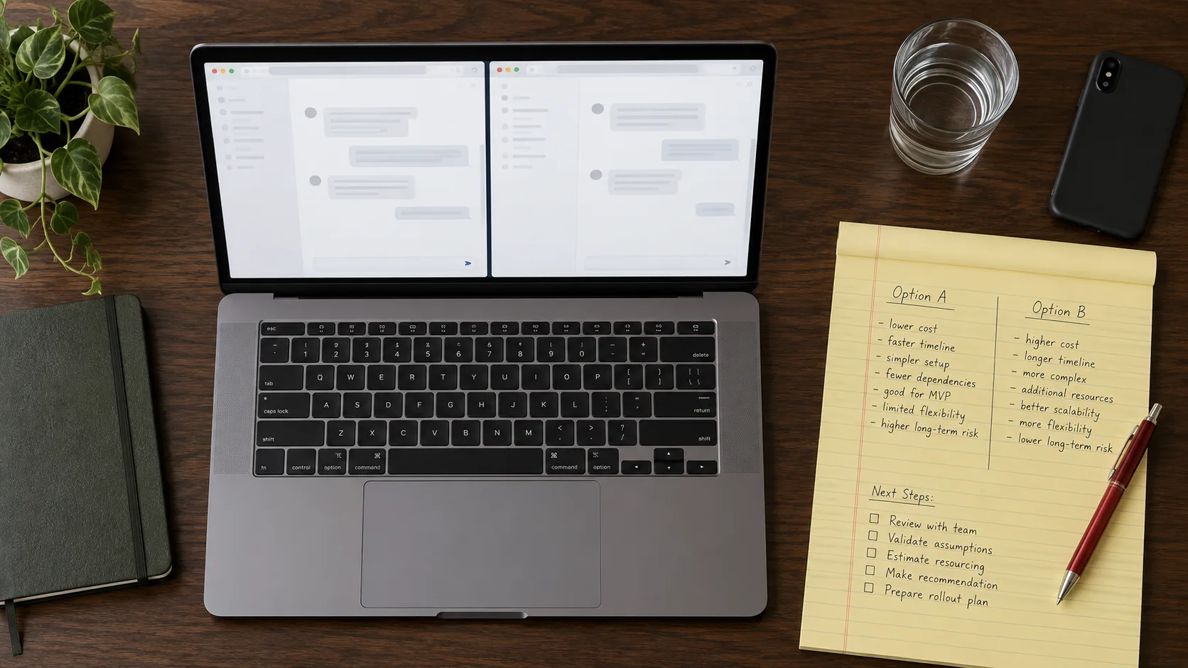 Business owner reviewing AI tool notes at desk