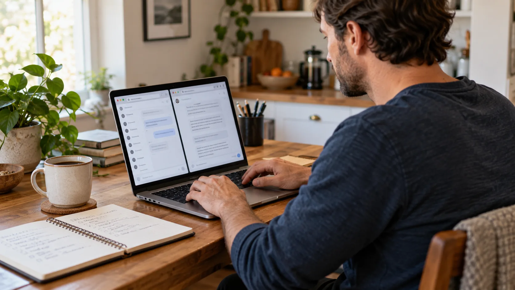 Small business owner using AI comparison tools at desk